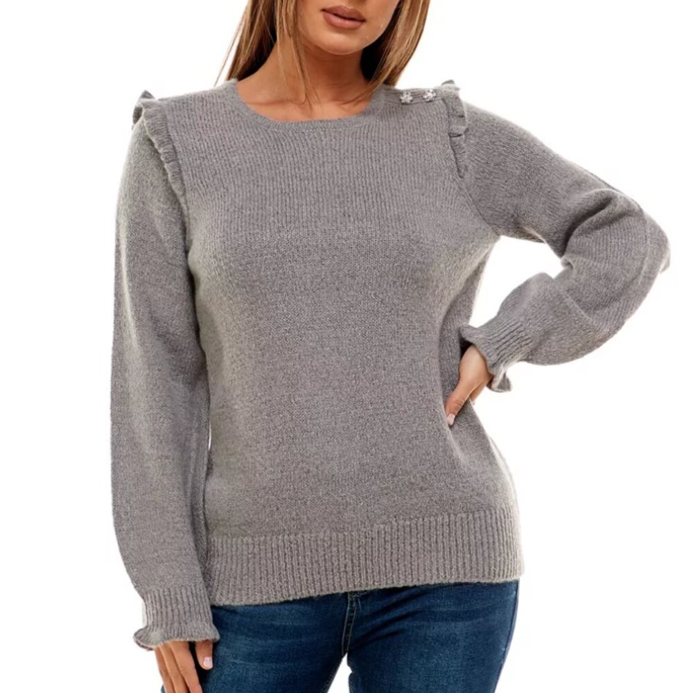 ADRIENNE VITTADINI Black Ruffle Shoulder & Cuff Knit Sweater Rhinestone 3X NWT - Picture 2 of 6